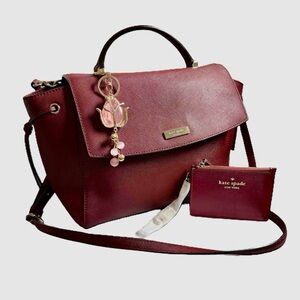Kate Spade Maroon Leather Way Lilah Top Handle Bag, Card Holder, Dust Bag